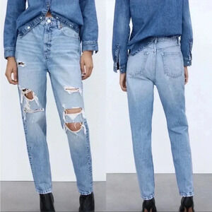 Zara High Rise Classic Mom Fit Distressed Jeans Sz 4